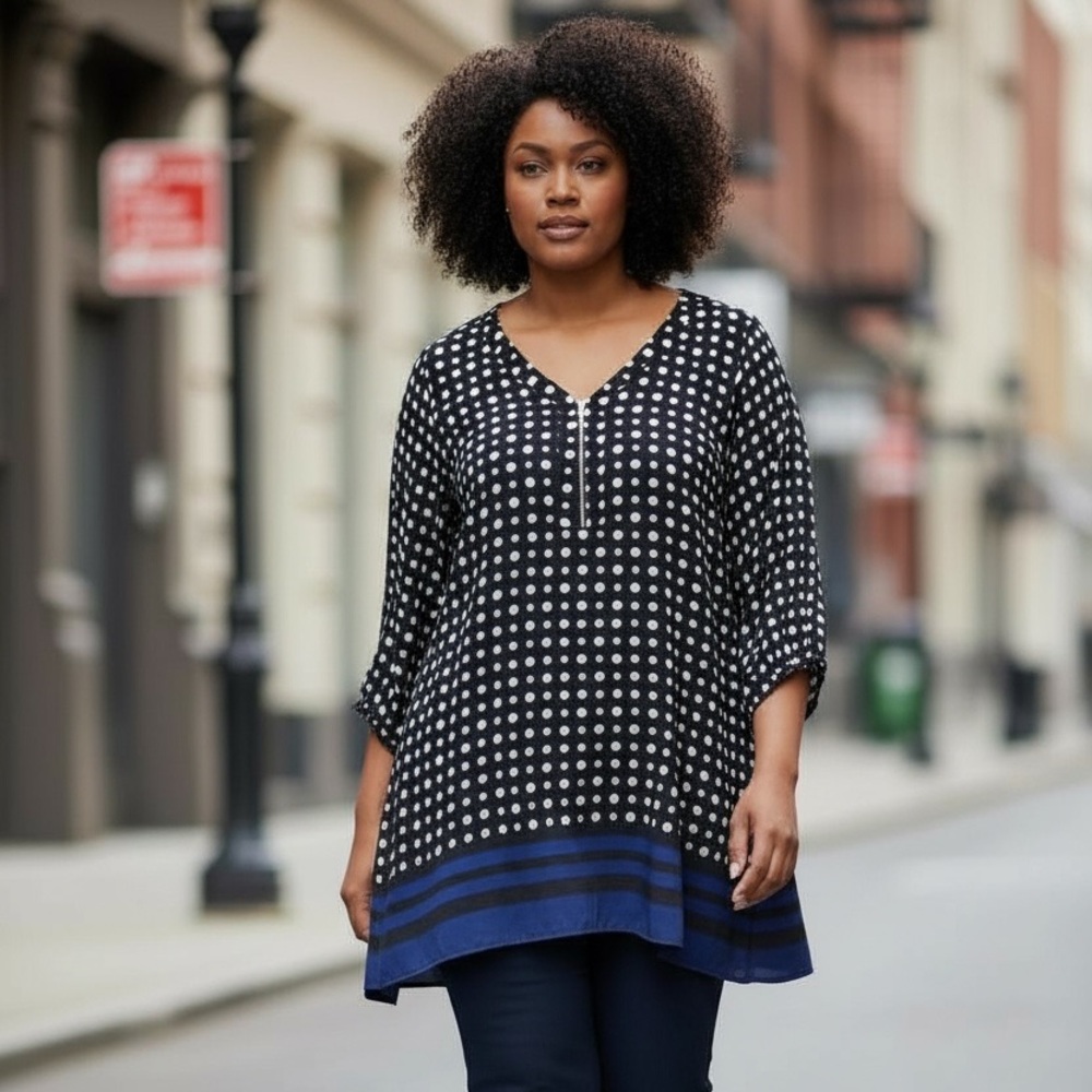 Avenue Studio Polka Dot Zip-Front MALIA Tunic – Size 20 (Black/Cobalt) – NWT